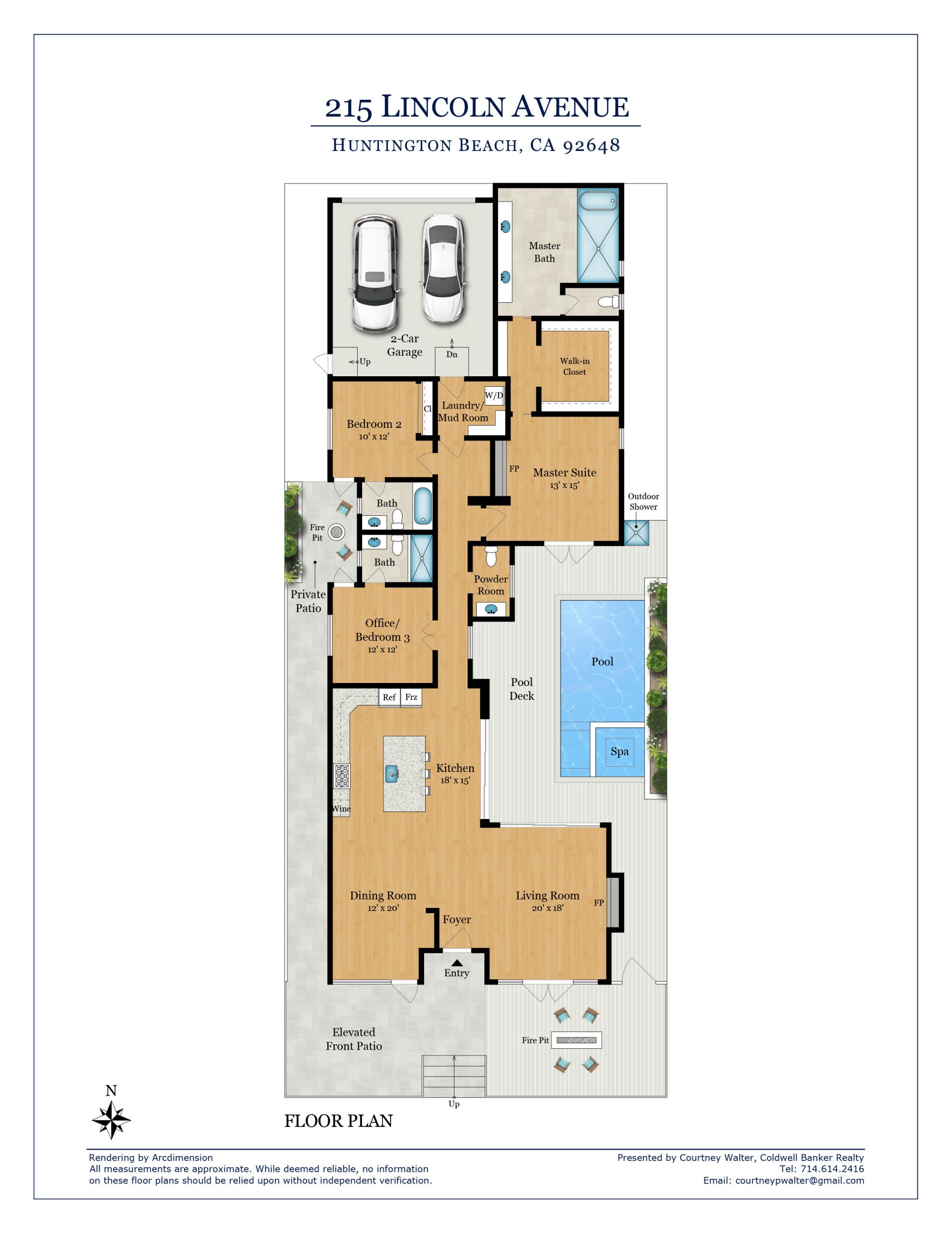 Archived 215 Lincoln floor plan: front living and dining rooms, central kitchen beside pool and spa, three bedrooms including an office/bedroom, rear laundry and two-car garage.